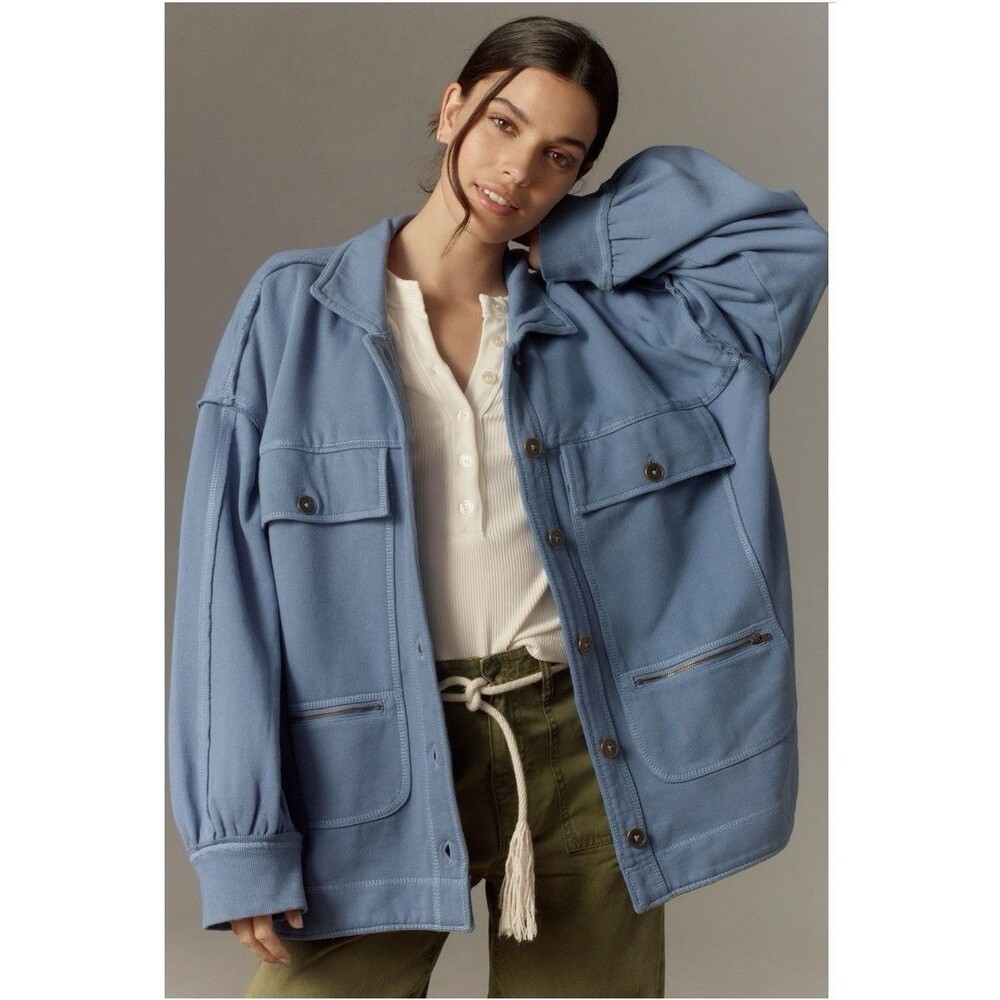 Anthropologie Pilcro 100% Cotton Microfleece Button Front Jacket Sz Lg Blue